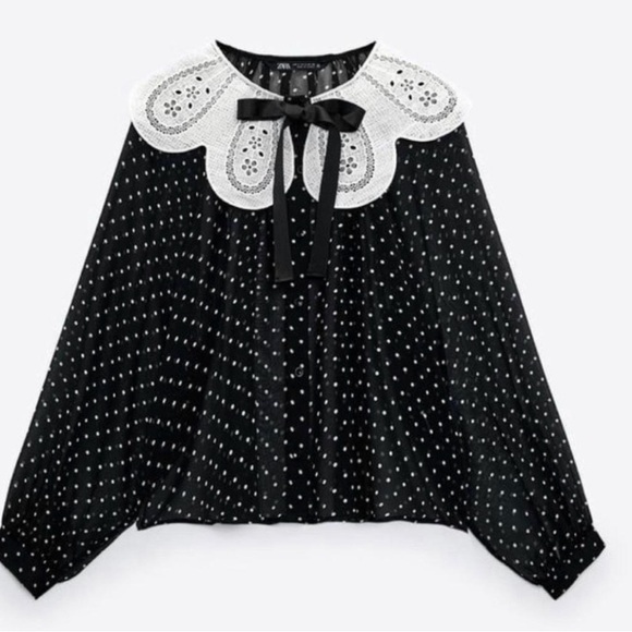 Zara Black and White Polka Dot Blouse with Lace Detail - Picture 4 of 4